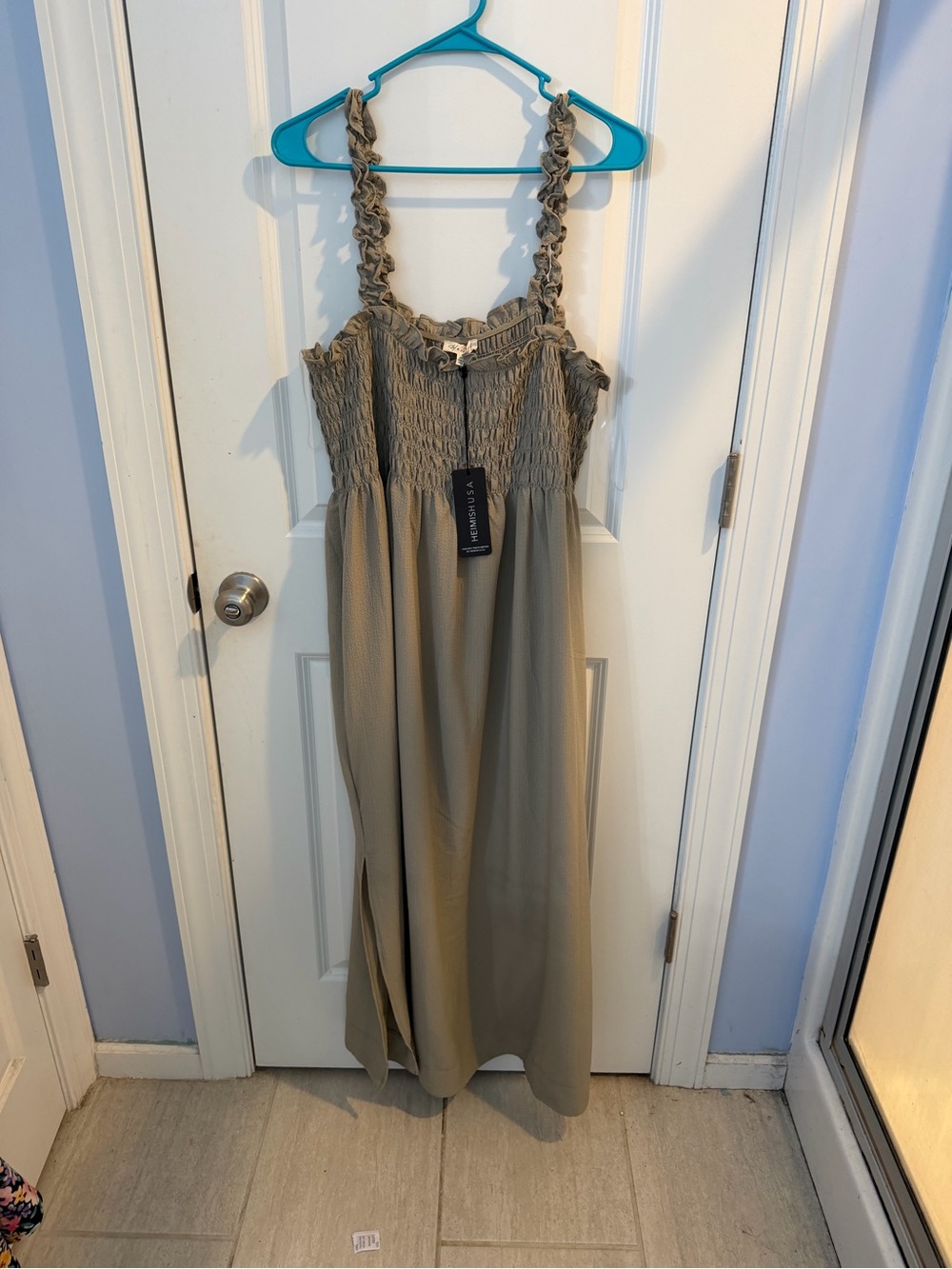 HEIMISH USA Taupe Smocked Ruffle Strap Maxi Dress
